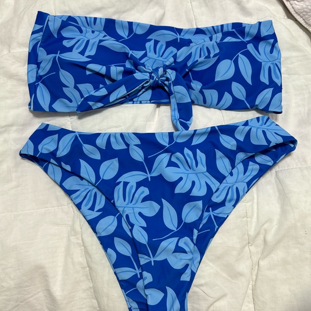 shein blue strapless swimsuit